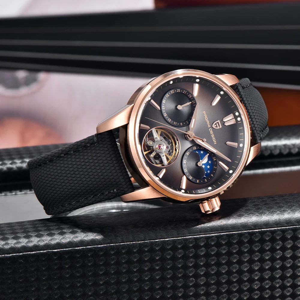 2025 تصميم باجاني جديد 41 مللي متر توربيون ساعات آلية للرجال الأعمال ساعة أوتوماتيكية الفولاذ المقاوم للصدأ 10BAR ساعة مرحلة القمر