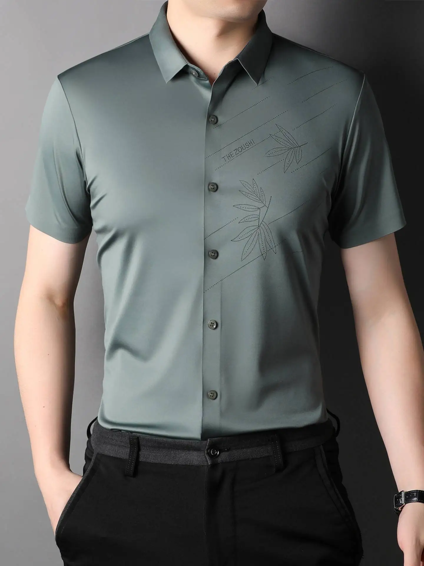 

Summer New Seamless Short Sleeve Shirt Young Men's Light Thin PU Leather Loose Fit Collar CleanFit Inner Wear Pure Color