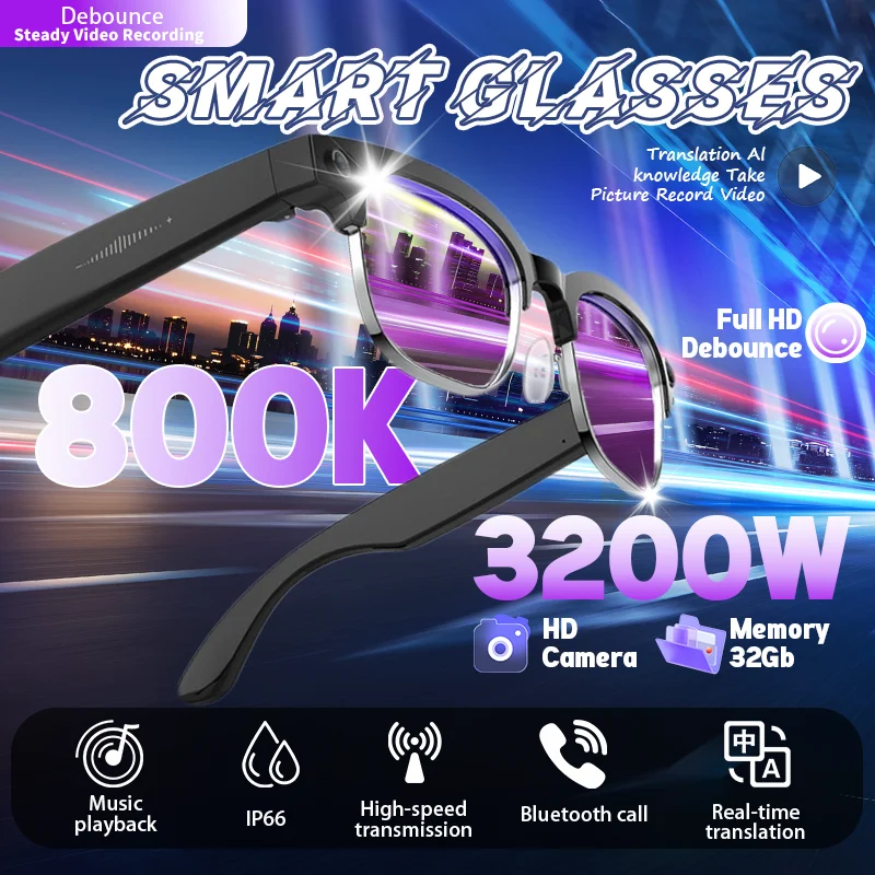 

Умные очки для перевода с ИИ, камерой 800 МП, двойным шумоподавлением, защитой от тряски, поддержкой Bluetooth-звонков и велоспорта