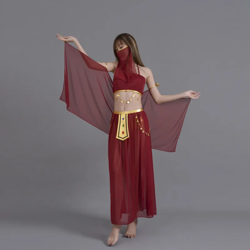 Customized Sexy Goddess Belly Dance Costume Indian Egyptian Queen Uniform Cosplay Exotic Aladdin Western Region Dancer Suit 6pcs