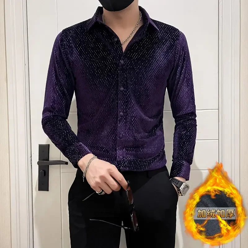 Luxury Lined Velvet Shirts for Men Shiny Silver Wire Long Sleeved Men's Shirt Autumn Winter Prom Party Nightclub Slim Mens Tops