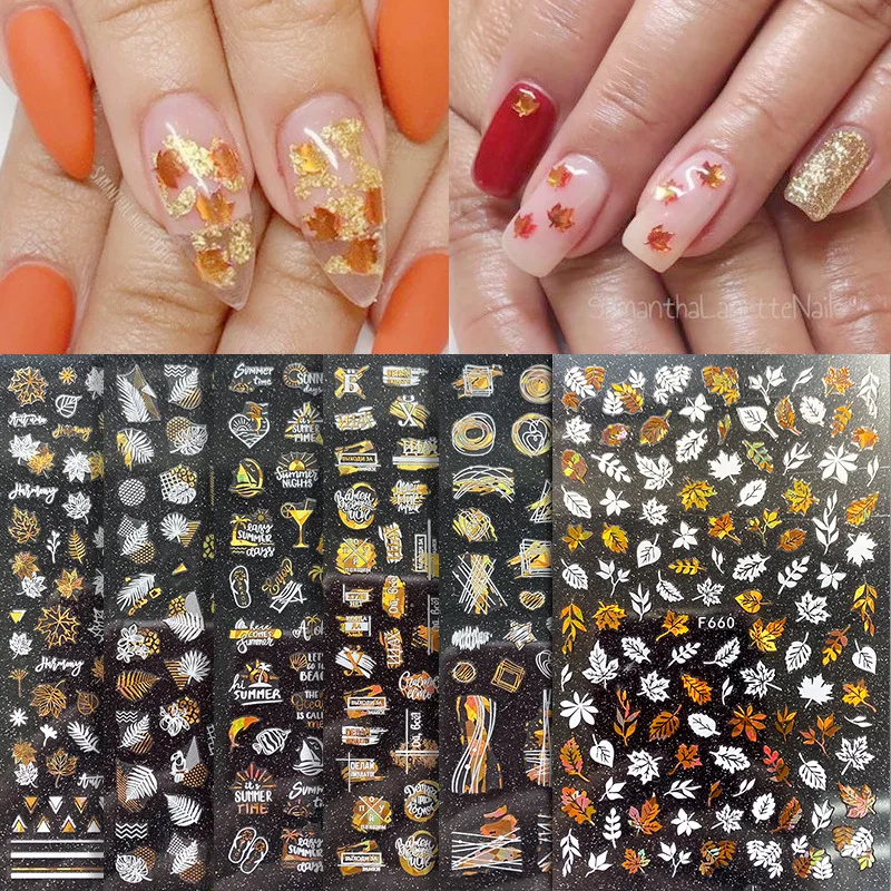 1pc Laser Maple Leaf Nails Stickers Gold Black Leaf Flower Adhesive Decals Manicure Foil Geometric Slider 3D Nail Art Decoration