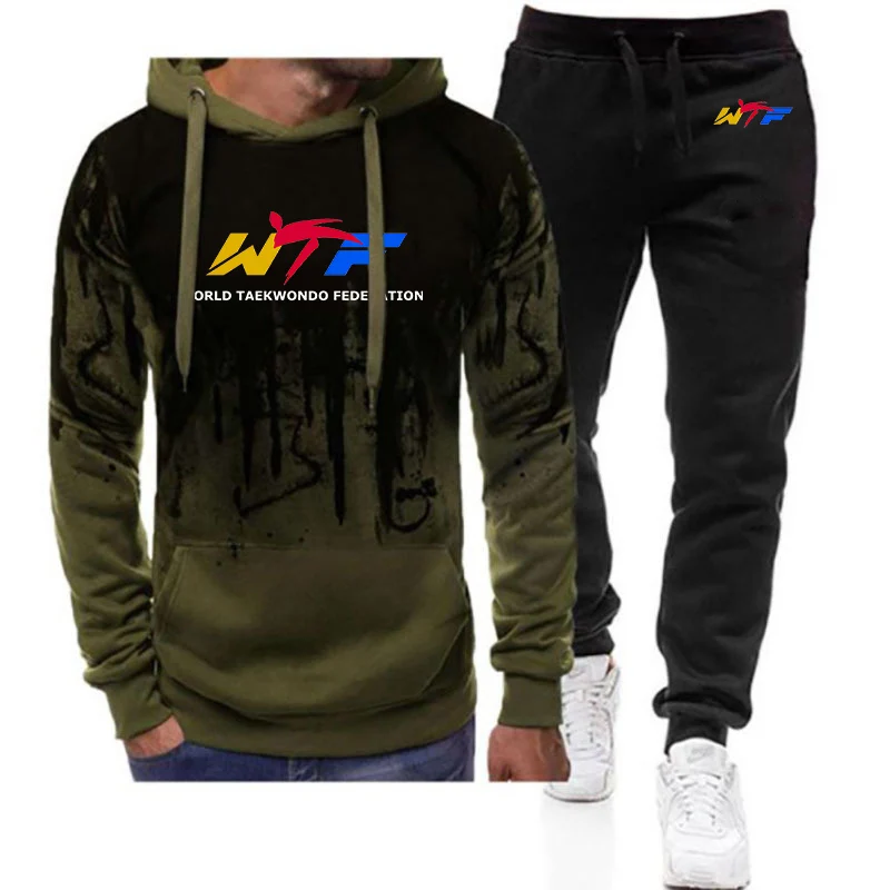

2026 WTF World Taekwondo Federation Print Spring Autumn Men's New Gradient Color Drawstr Fashion Hoodies+Sports Long Pants Suit