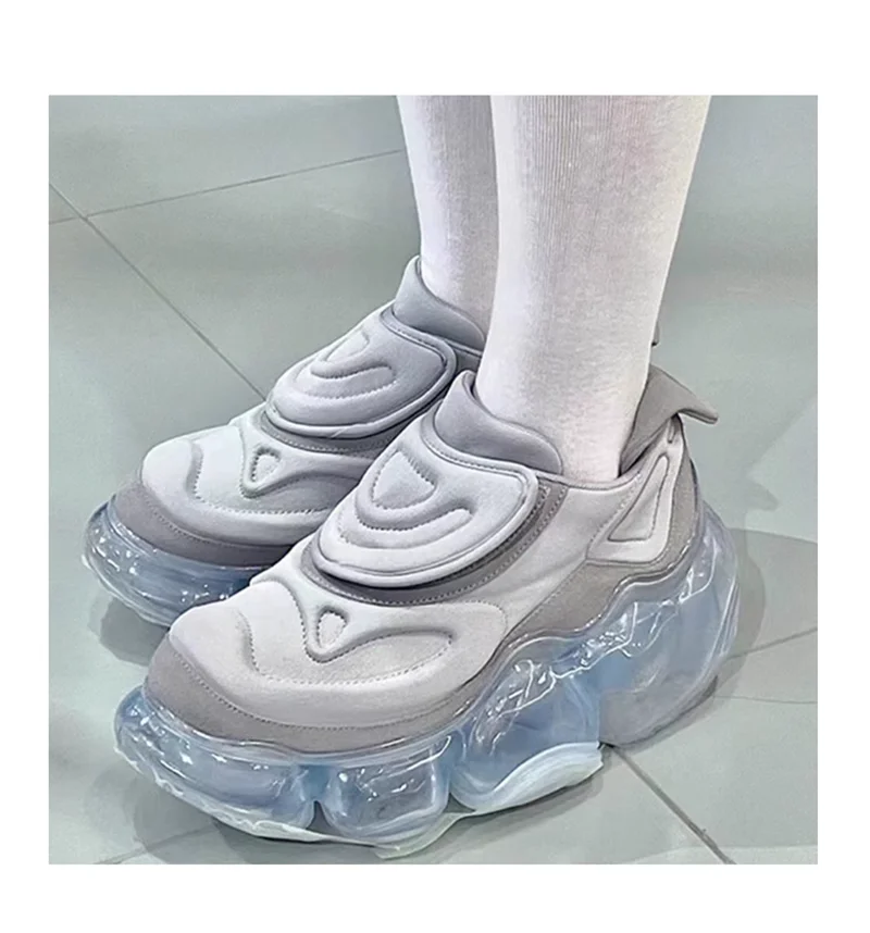 

Custom Grey Thick-Soled Muffin Sneakers Transparent Bubble Soles Mesh Breathable Chunky Design Street-Style Shoes For Women