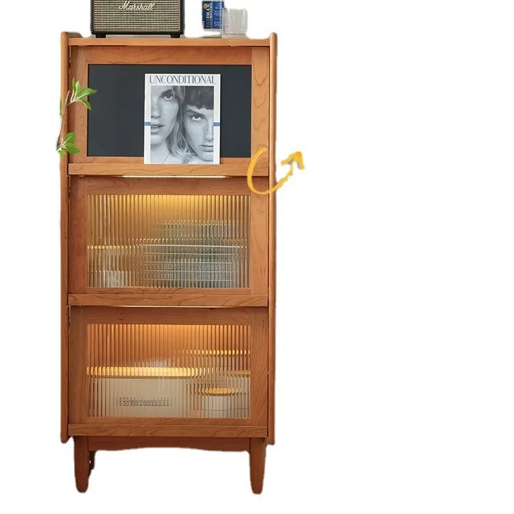 

Nordic Locker Bookcase File Cabinet Floor to Floor with Glass Door Bookcase Cherry Three Door Storage Modern Home