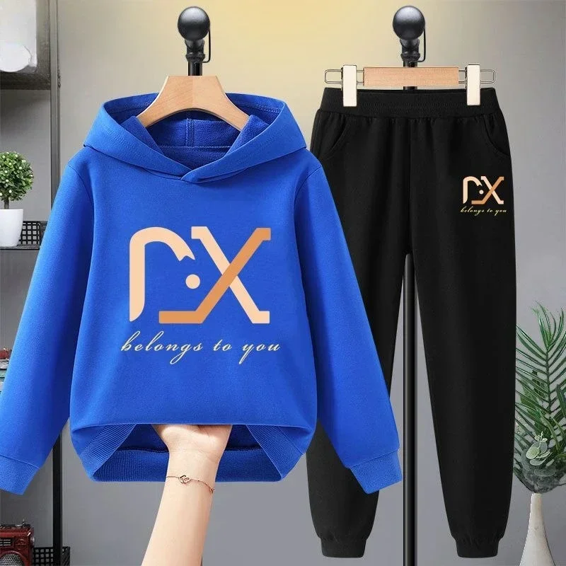Autumn and winter children's long sleeved hooded top and pants set; Comfortable and casual, featuring cool letter prints