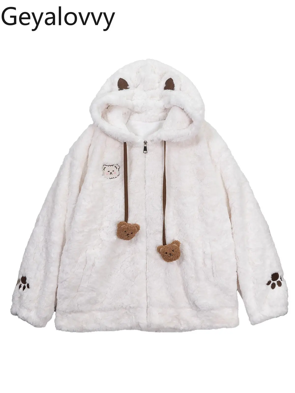

Cute Hooded Fleece-Lined Thick Loose Plush Coat Sweet Female Student Winter New Versatile White Long Sleeve Zipper Jacket