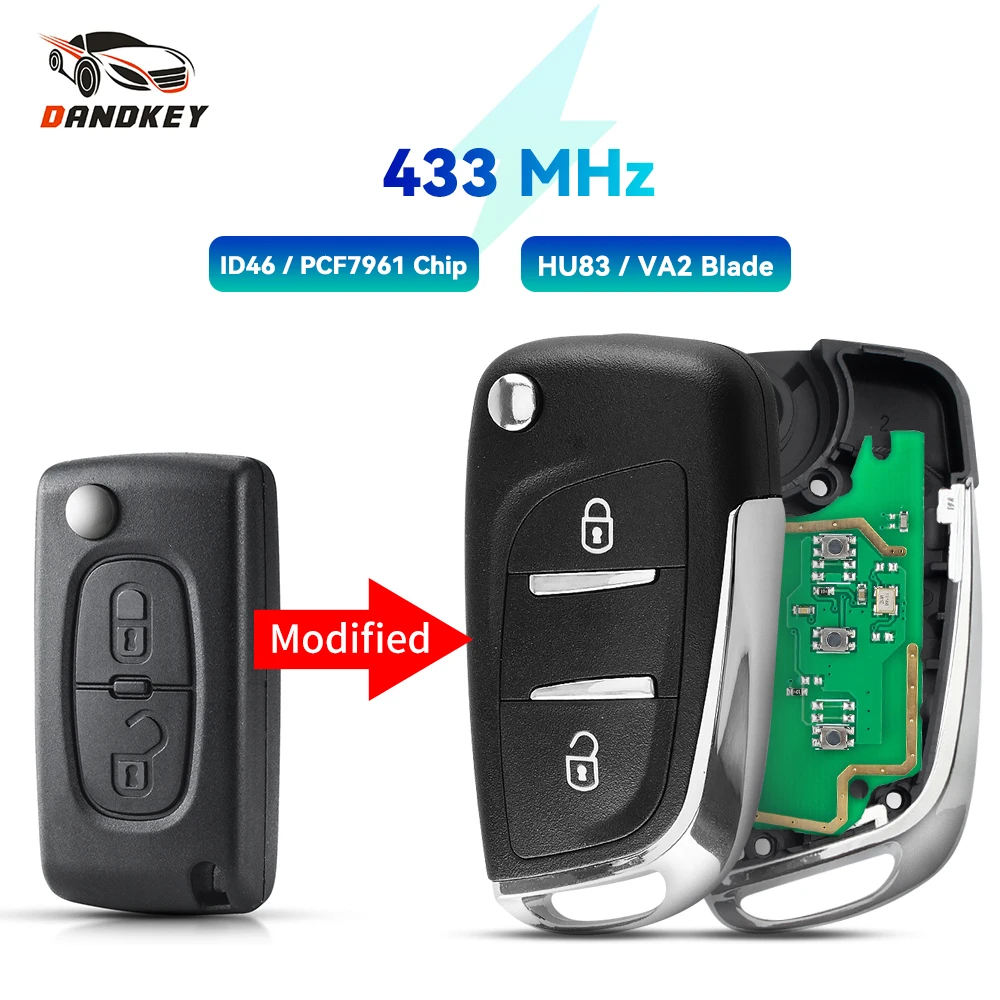 Dandkey 2 Buttons Modified Remote Car Key ASK/FSK 434Mhz For Citroen C4 C5 C6 C8 Xsara Picasso For Peugeot 107 207 307 308