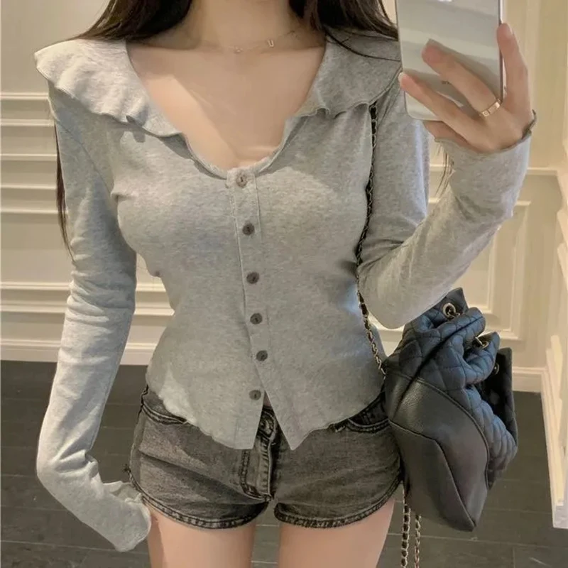 Korean Ribbed Women T Shirt Autumn Sweet Doll Collar Slim Long Sleeve Crop Top Harajuku Single Breasted Ladies Bottoming Tees