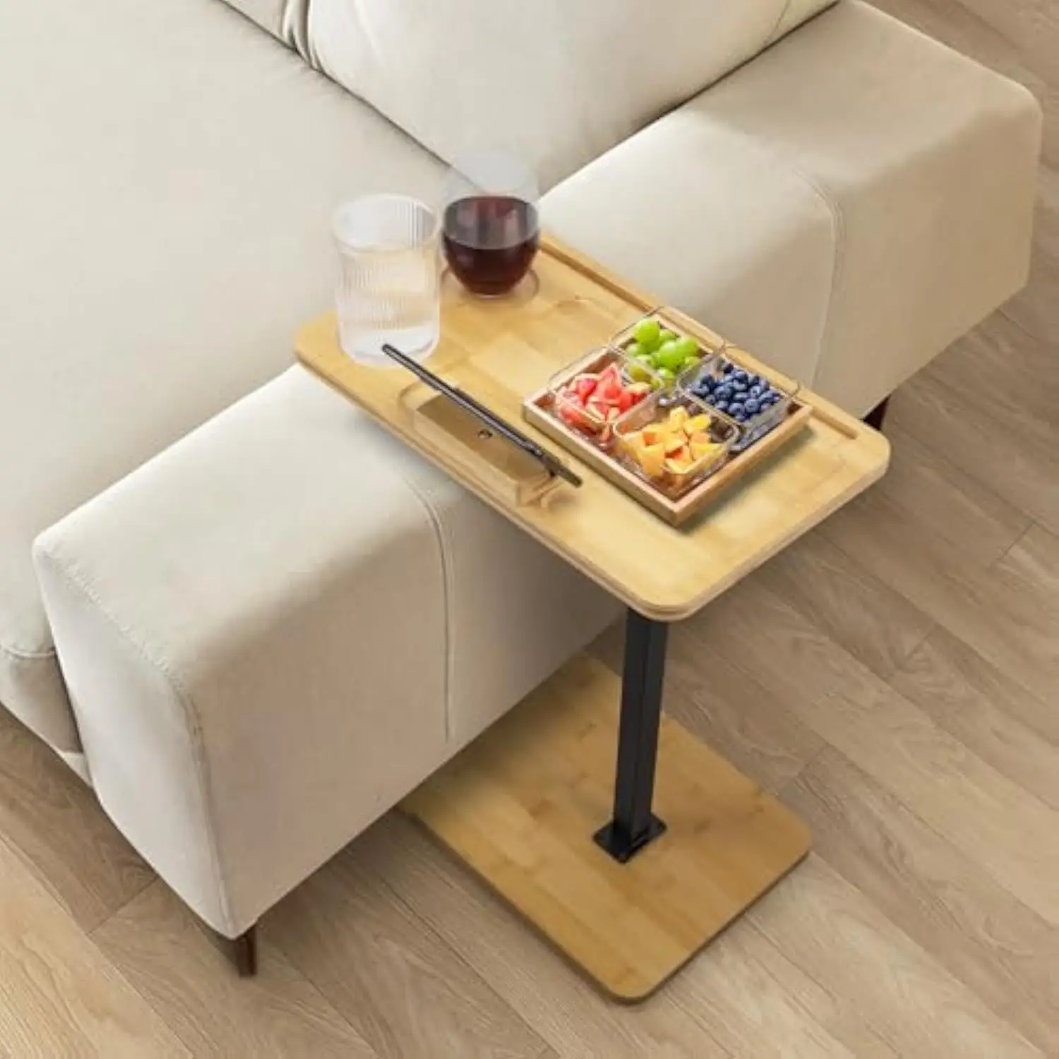 

Large 360° Swivel Couch Arm Tray Table，Adjustable TV Tray Table with 360° Swivel Phone Stand,Bamboo Sofa Tray Table for Small S