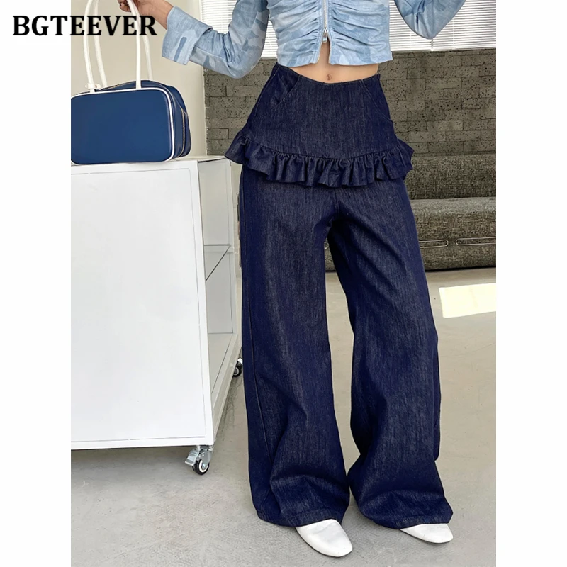 

BGTEEVER Ruffles Hem Dark Blue Jeans for Women Fake two-piece Straight Denim Trousers Female
