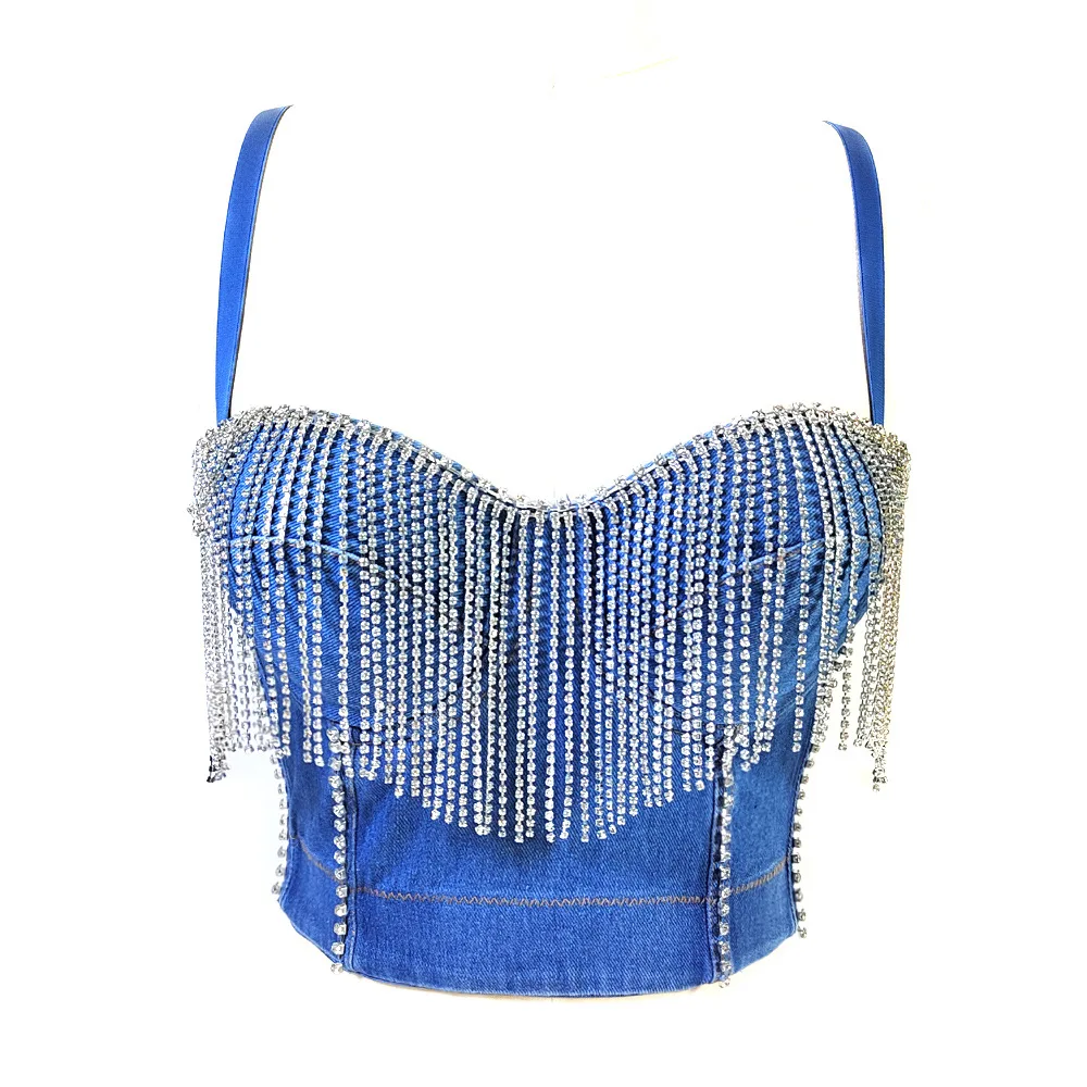 Crystal Rhinestone Underwear Women Beaded Bra with Removable Straps Tassel Fish Bone Nightclub Out Lingerie Bralette Mujer Sexy