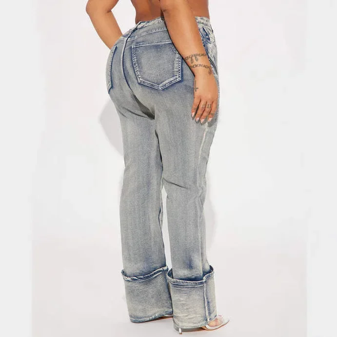 Modne, seksowne, elastyczne jeansy damskie z wysokim stanem, cienkie, z szerokimi nogawkami, zapinane na zamek, pikantne, modne, fajne spodnie typu \"bogini\".