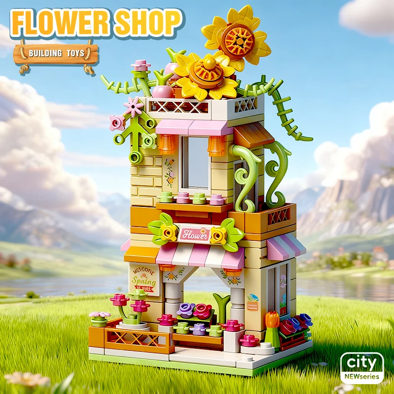 Blocchi di costruzione della città Negozio di fiori Negozio di girasoli Set di modelli di casa Decorazioni per il desktop Giocattoli fai da te per bambini Regalo di compleanno di Natale