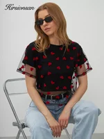 Hirsionsan Heart  Mesh Patchwork Vintage T Shirt Streetwear Aesthetic Chic T Shirt Women Casual Cotton Short Sleeve Tops Y2k - Image 4