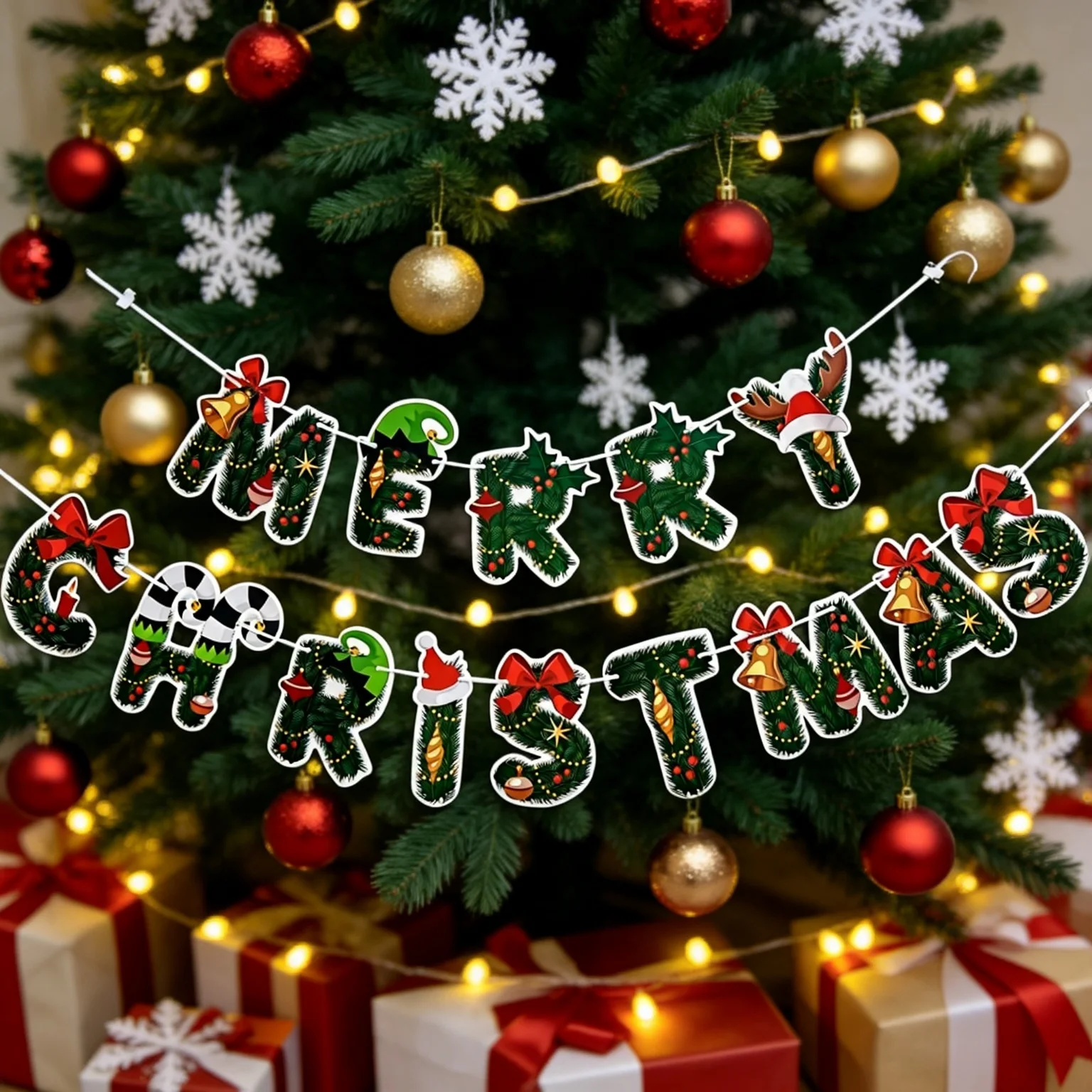Christmas Banner Set Santa Claus Multicolor Paper Pull Flag Xmas Letter Banner, Party Supplies Wall Decor, Photo Backdrop Banner