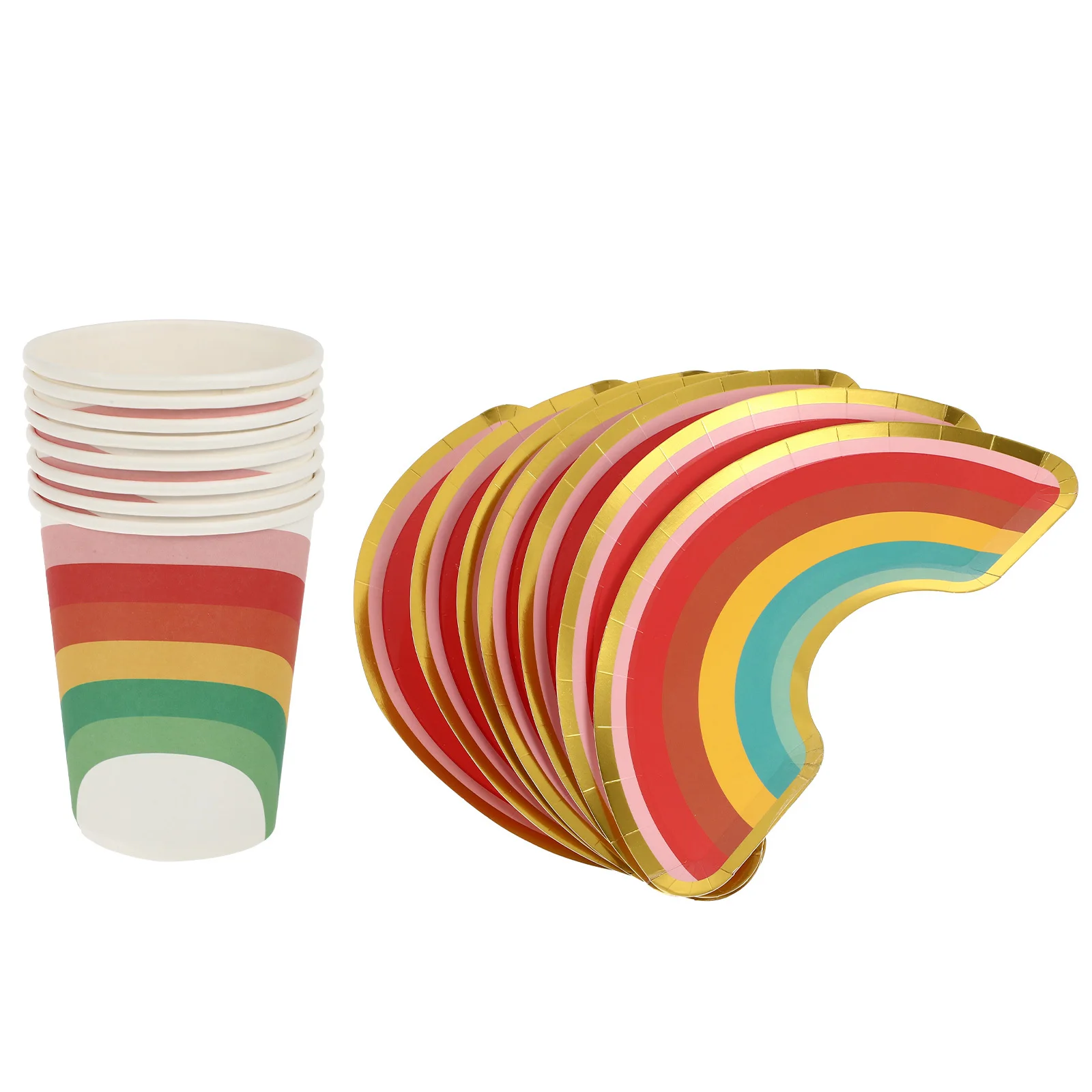 1Set Colorful Rainbow Paper Plates Cups Disposable Party Tableware Supplies for Home Dinner Party Restaurant Use