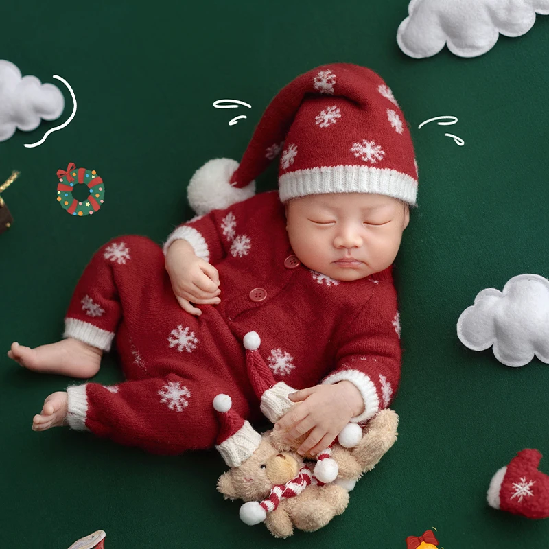 الوليد الطفل عيد الميلاد الزي الأحمر ندفة الثلج محبوك رومبير + قبعة سانتا ل 0-2 أشهر الرضع ، سوينغ المشهد صور اطلاق النار الدعائم #4