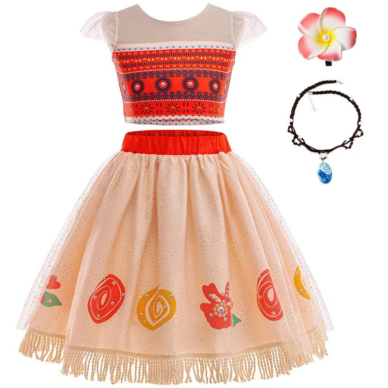 

Girls Ocean Moana Cosplay Costume Flutter Sleeve Ethnic Style Print Top+Tassel Skirt+Accessories For Carnival Halloween Party