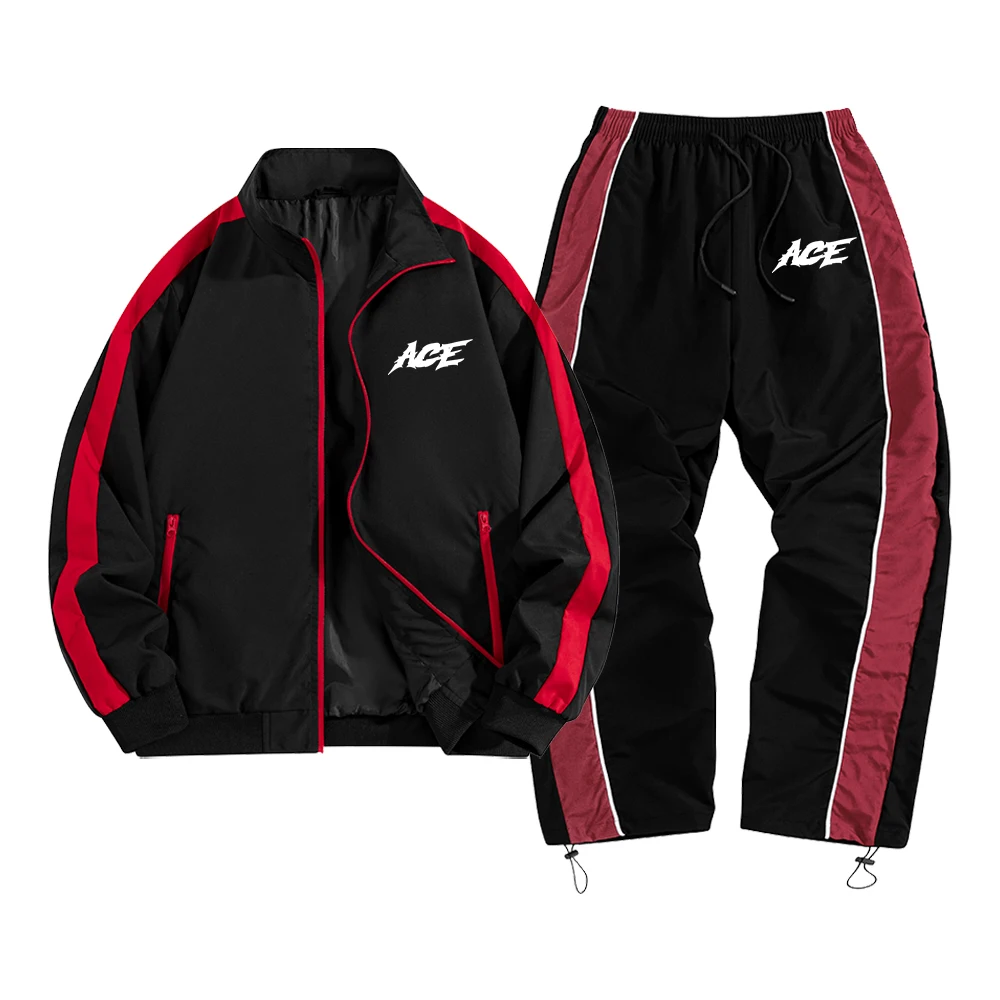 Men's ACE Word Print Casual Sportswear Set Zip Up Jacket Pants Color Block Style For Streetwear Daily Casual Wear And Commute