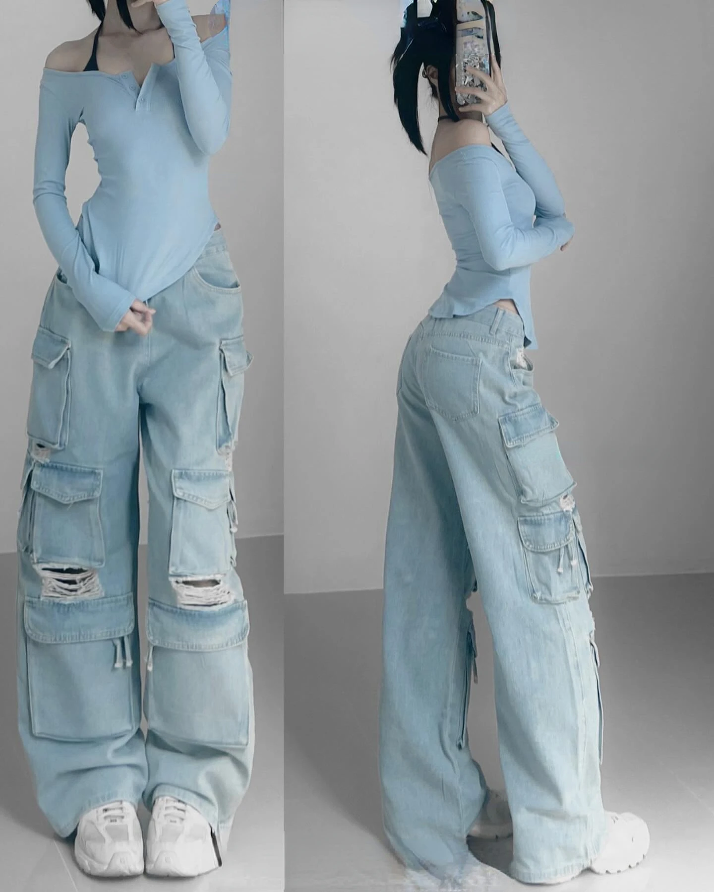 

Sexy Harajuku Y2k Baggy Jeans Women Ripped High Waisted Cargo Pants Versatile Wide Leg Multi Pocket Denim Trousers Streetwear