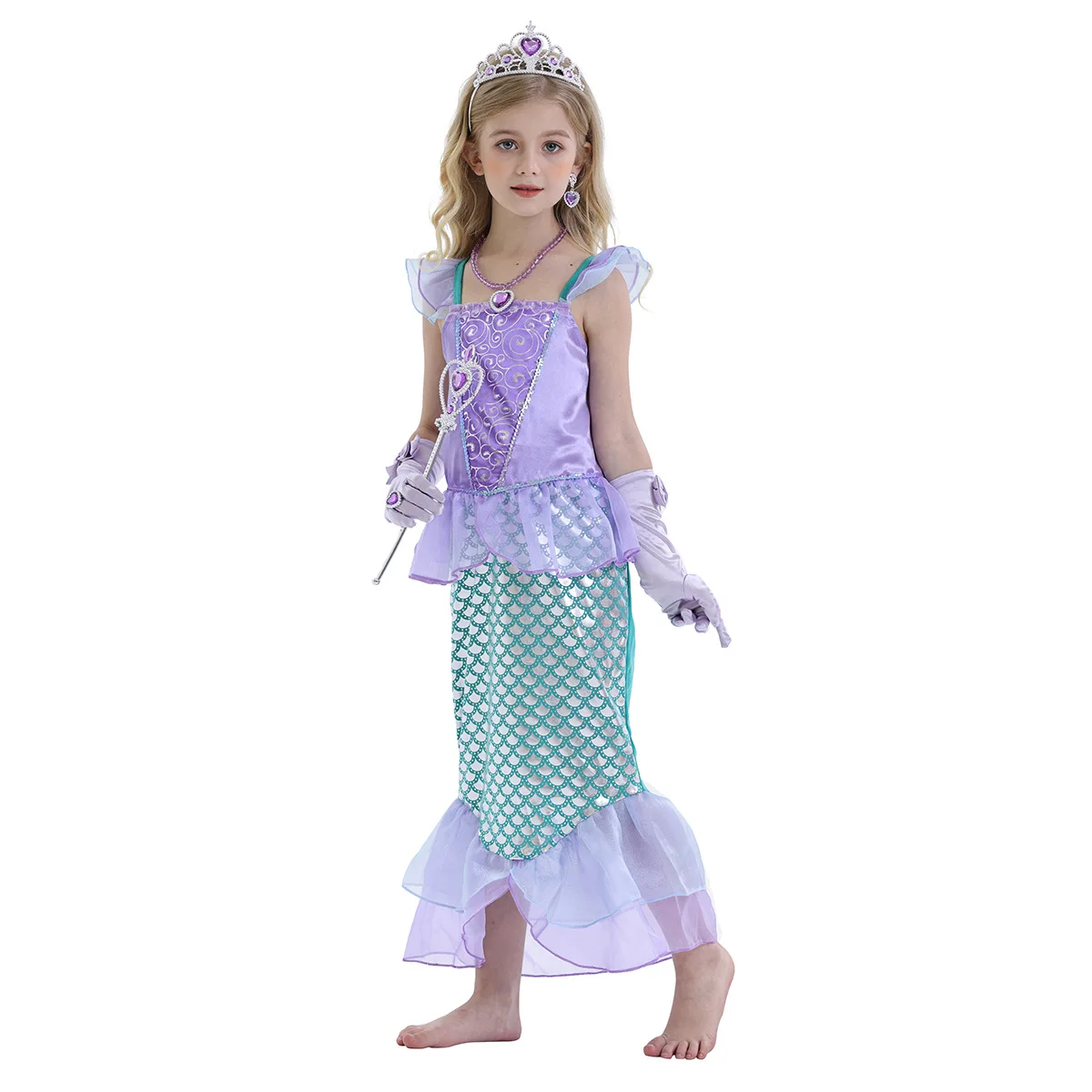 Mermaid Princess Dress for Kids Girl Flying Sleeve Fancy Birthday Carnival Party Costume Summer Purple Clothes Printed Elegant