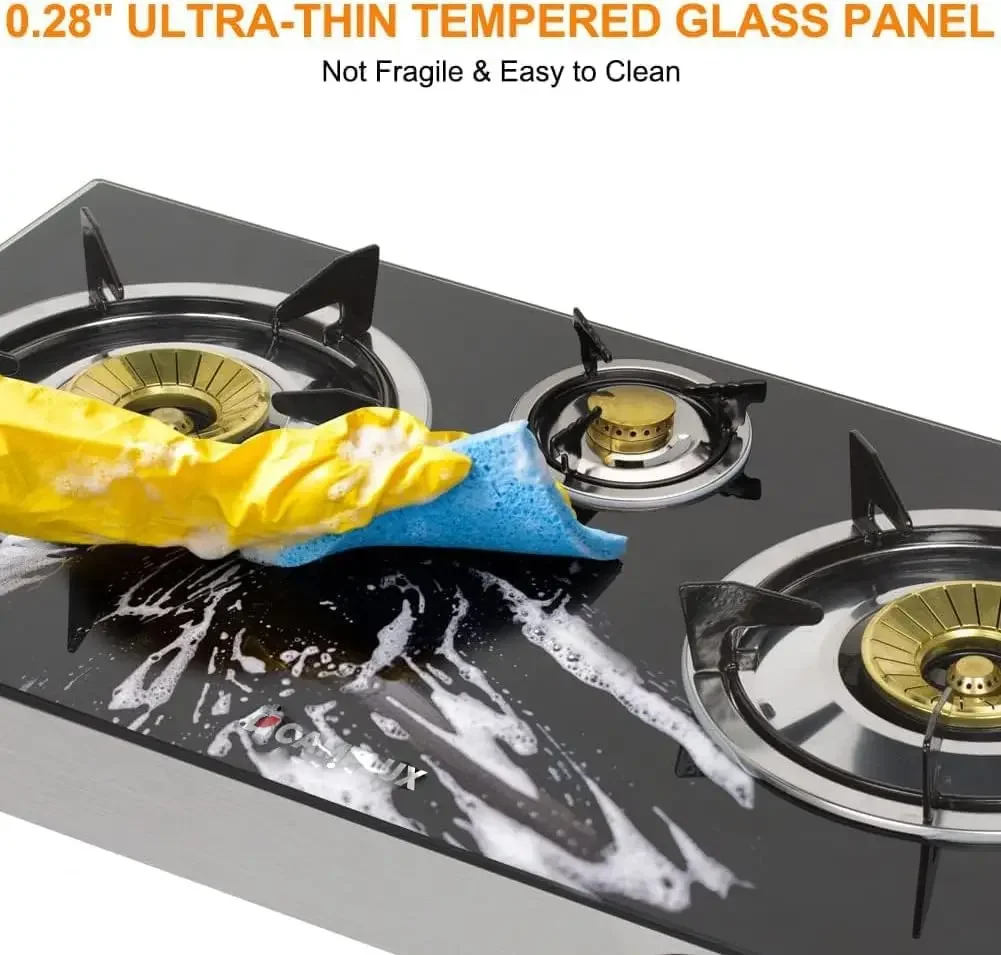 Propane Gas Stove with 21,600BTU, 3 Burners Propane Stove, Tempered Glass Camping Cooking Stove