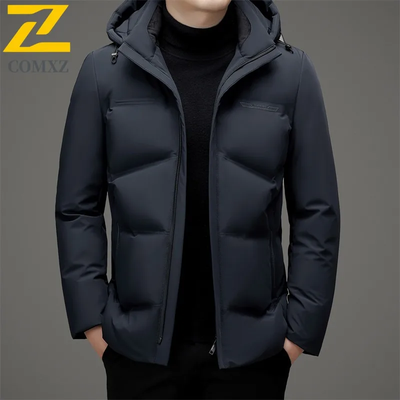 

COMXZ Mens Down Jacket Classic Hooded Outdoor Office Cold Protection Parka Business Casual Lightweight Autumn Winter Coat