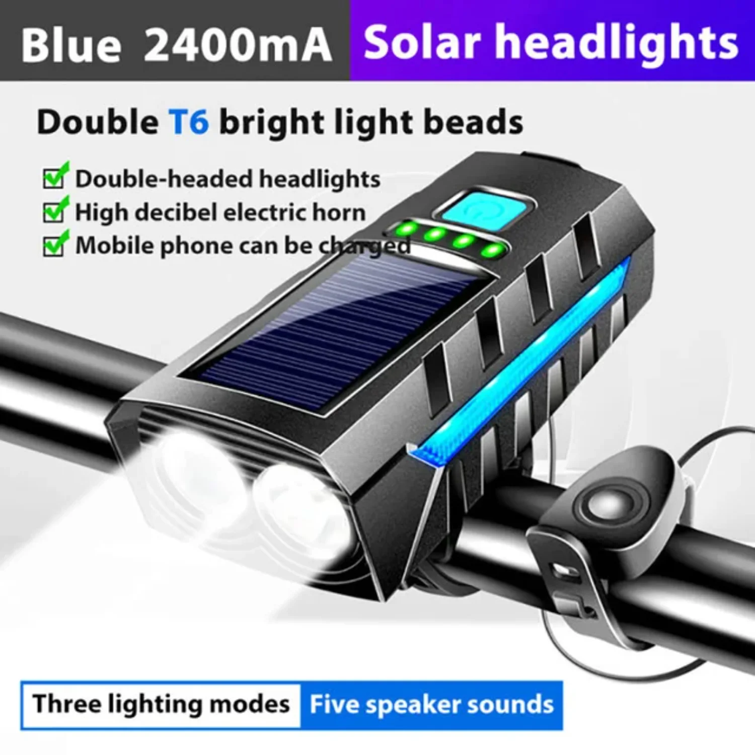 Solar Bicycle Light USB Rechargeable Power Display MTB Mountain Road Bike Front Lamp with 130db  Flashlight Bicycle Light