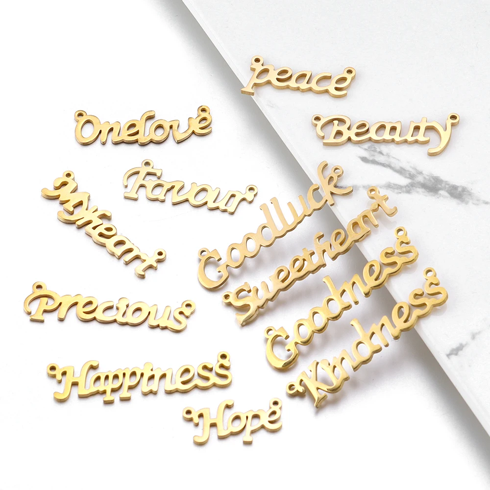 5pcs/Lot Stainless Steel Word Tags Pendant Gold Color Engraved Charms for Jewelry Making DIY Necklace Crafts Supplies