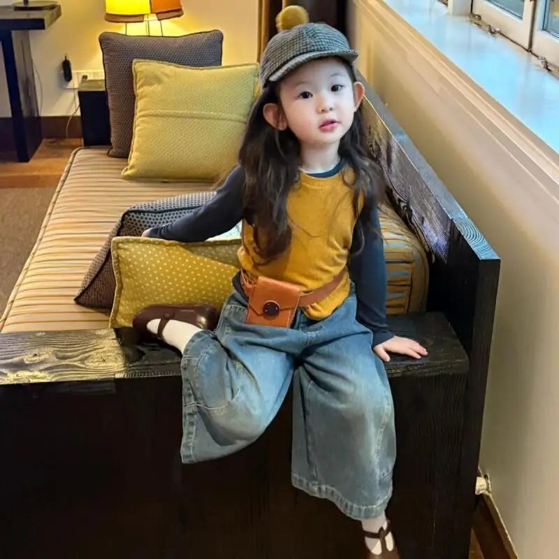 

Girls Autumn New Long Sleeve Top Denim Wide Leg Pants 3 Piece Set Trendy Outfit for Kids Casual Daily Wear Toddler Clothing Set