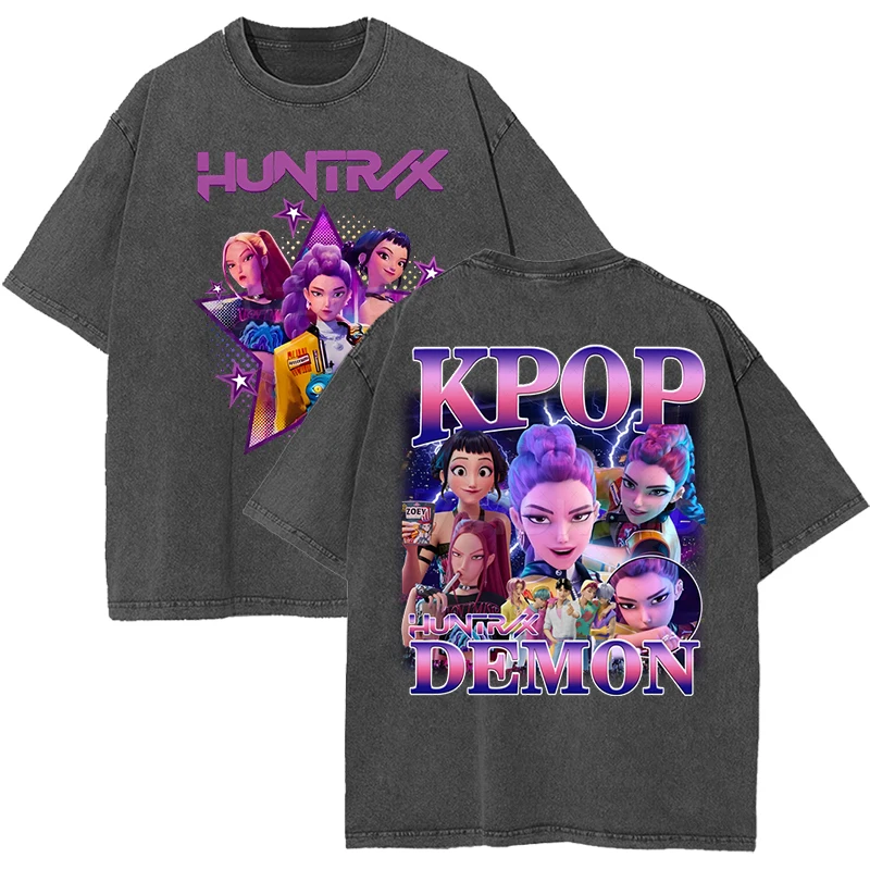 

2025 Movie Kpop Demon Hunters Print Washed T Shirts Women Men Summer Short Sleeve Tees Fashion Casual Cotton Oversized T-shirt