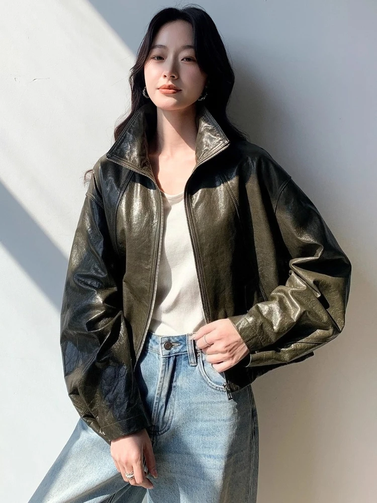Casual Kurze Echtes Leder Jacken für Frauen Frühling Herbst High-end-Einfache Stehkragen Lose Weiche Öl Wachs Echt ziegenleder Mantel