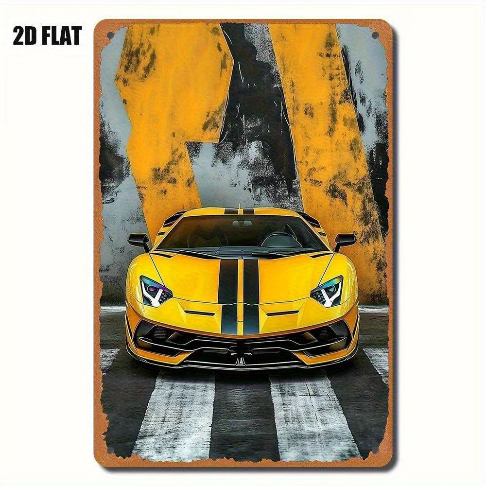 Decorative Signs& Plaques  Urban Pulse Yellow Sports Car Tin Painting Wall Art - Vibrant  Iron Print with Black Stripes & Urban