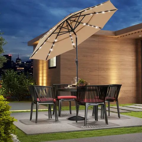 JHK 3-Tier 10FT Outdoor Patio Umbrella with 32 LED Lights Crank 8 Sturdy Ribs Table Umbrella for Pool Beach and Outdoor