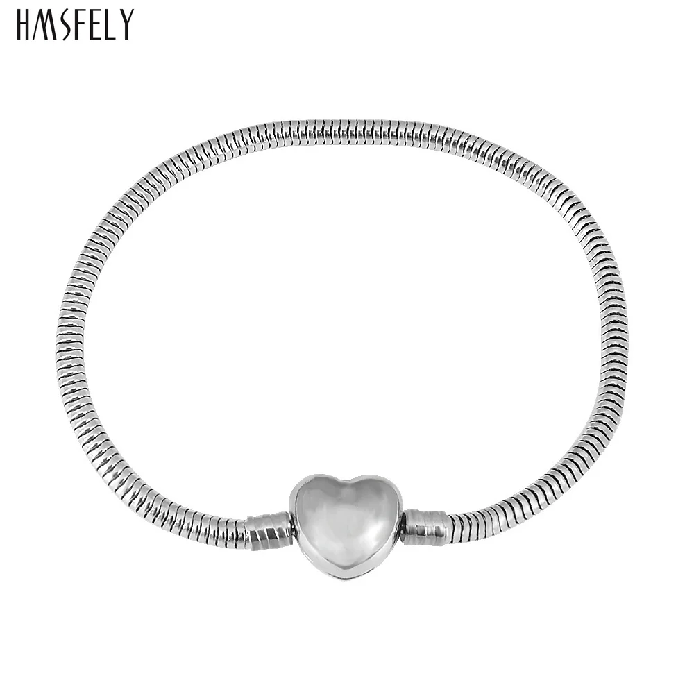 

HMSFELY Stainless Steel Clasp Snake Chains Bracelet For Women DIY Charm Bracelets Accessories Heart Buckle Bracelet