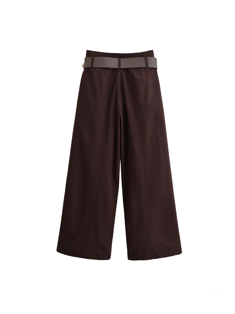 بنطلون نسائي واسع الساق عالي الخصر كاجوال مع جيوب حزام وإغلاق أمامي بسحاب، نمط خريفي جديد، بنطلون واسع الساق فضفاض