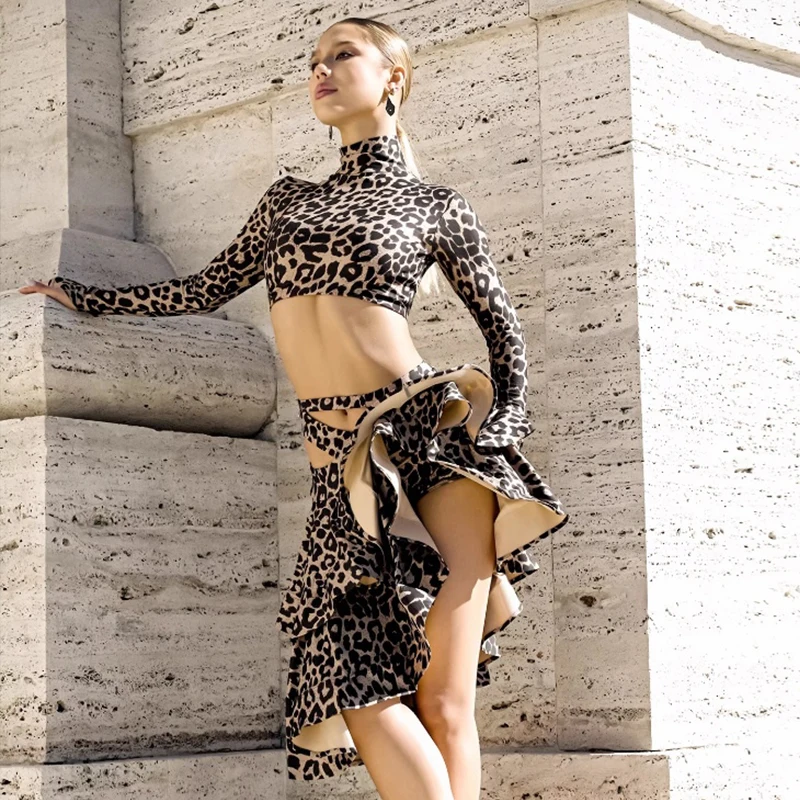 

Одежда для латинских танцев с леопардовым принтом, топы с длинными рукавами, юбка в виде рыбьей кости, костюм для выступлений ча-ча, одежда для соревнований BL17894