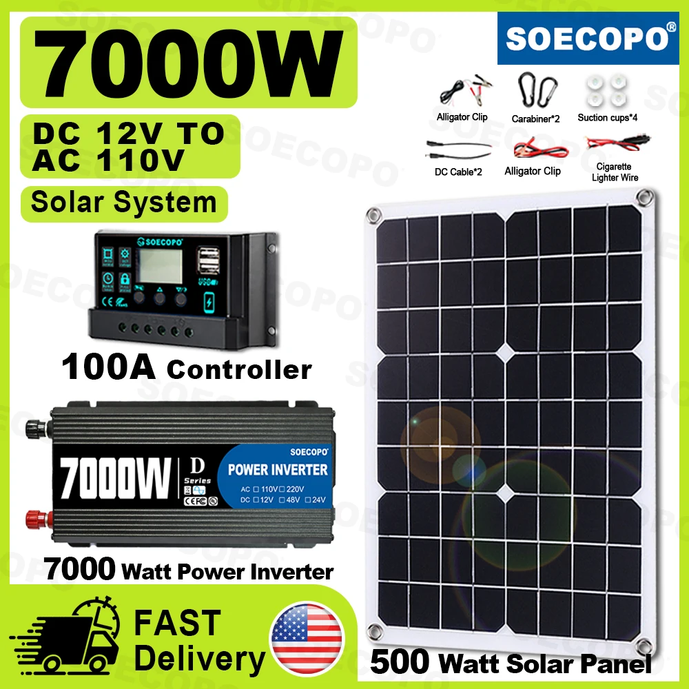 

(U.S Stock) SOECOPO 7000W Solar Generator Kit 12V To 110V Inverter 500W Panel & 100A Controller Dual Output for RV Camping Home