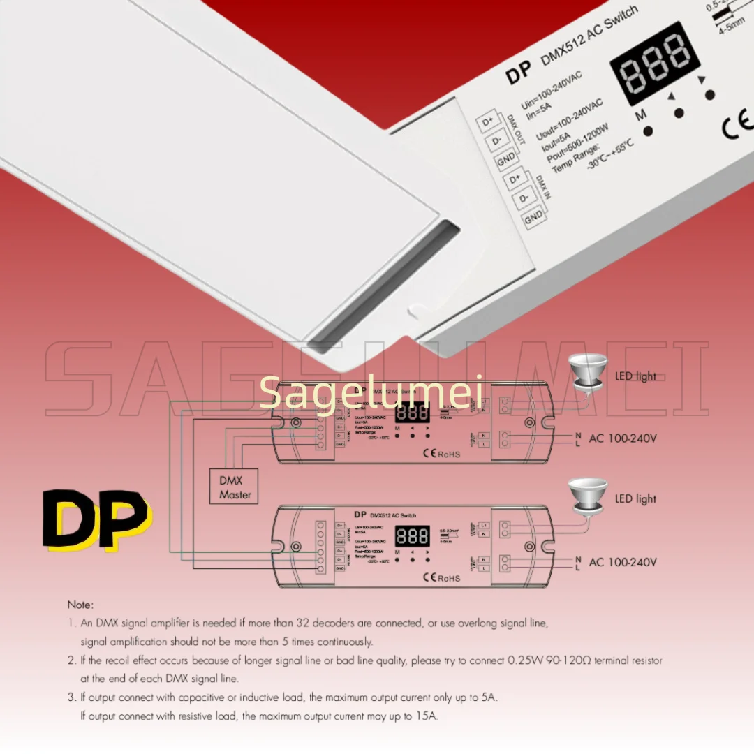 

Декодер DP Skydance DMX512 1CH*5A AC110V-220V 500-1200W RDM DMX с функцией автономной работы/цифровым дисплеем для светодиодных ламп