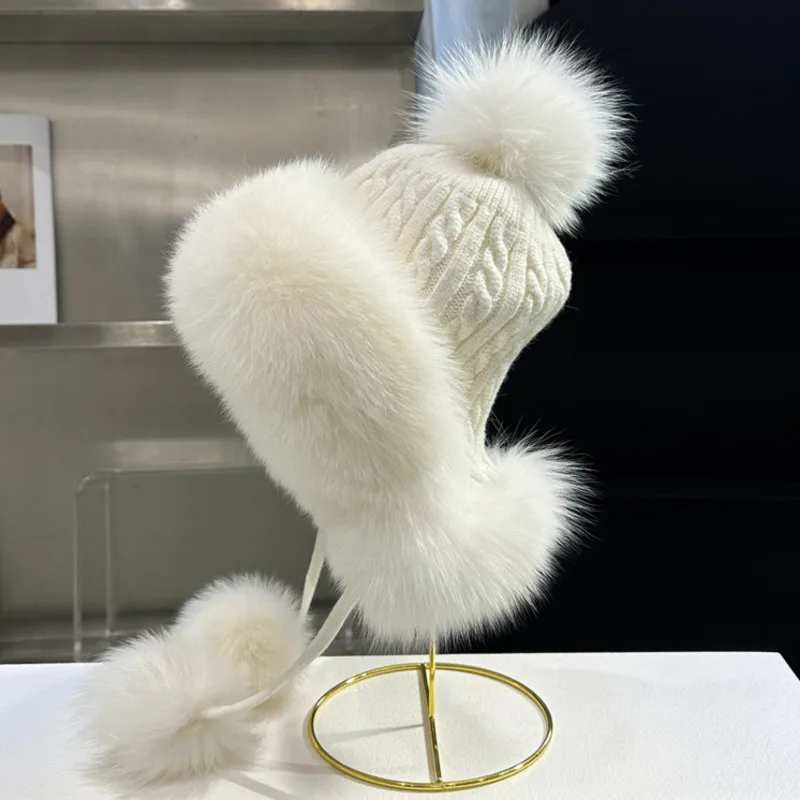 Echte vossenbontmuts Gehoorbescherming Bontmuts voor dames Winter Pluizige echte bontmutsen Outdoor Koudbestendige pet Luxe gebreide bontmutsen