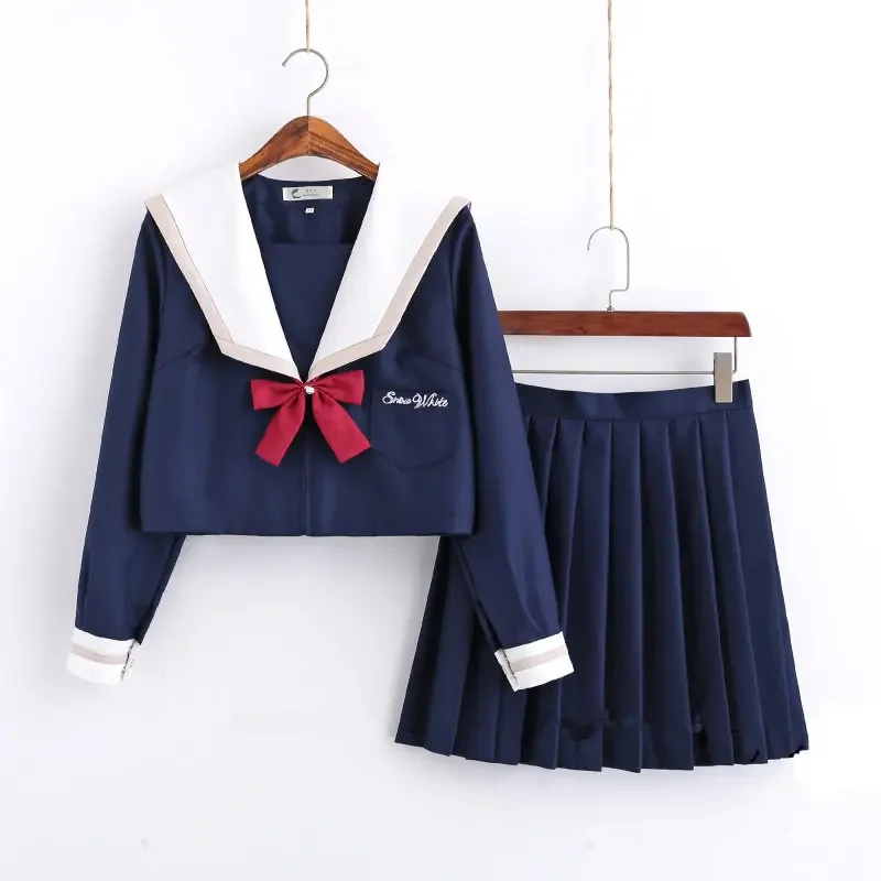 Traje de marinero para mujer, uniforme japonés Jk, chaqueta de estudiante, falda larga y corta de estilo coreano, manga bonita azul marino, estilo universitario, escuela