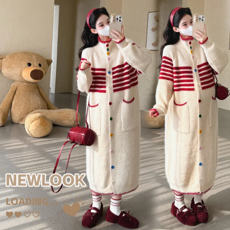 2025 Autumn Winter Maternity Age Reducing Dress Korean Style Colorful Button Loose Stand Collar Knit Long Dress With Pockets