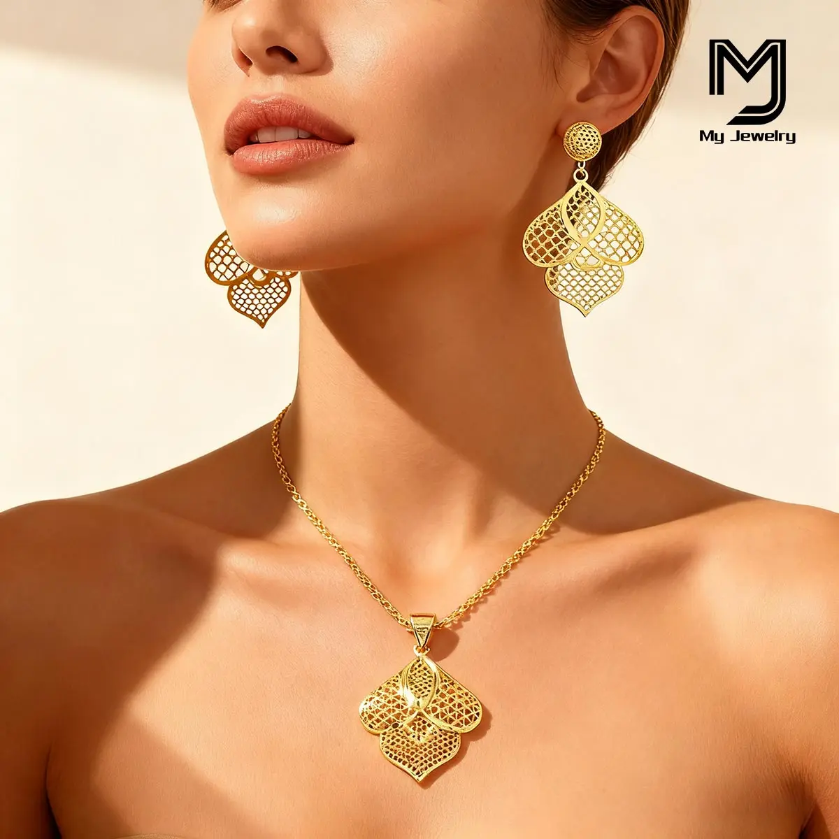 

Dubai Fashion Ladies Elegant Cut Out Flower Necklace Luxury Gold Plated Earrings Jewelry Set Daily Casual Holiday Gift