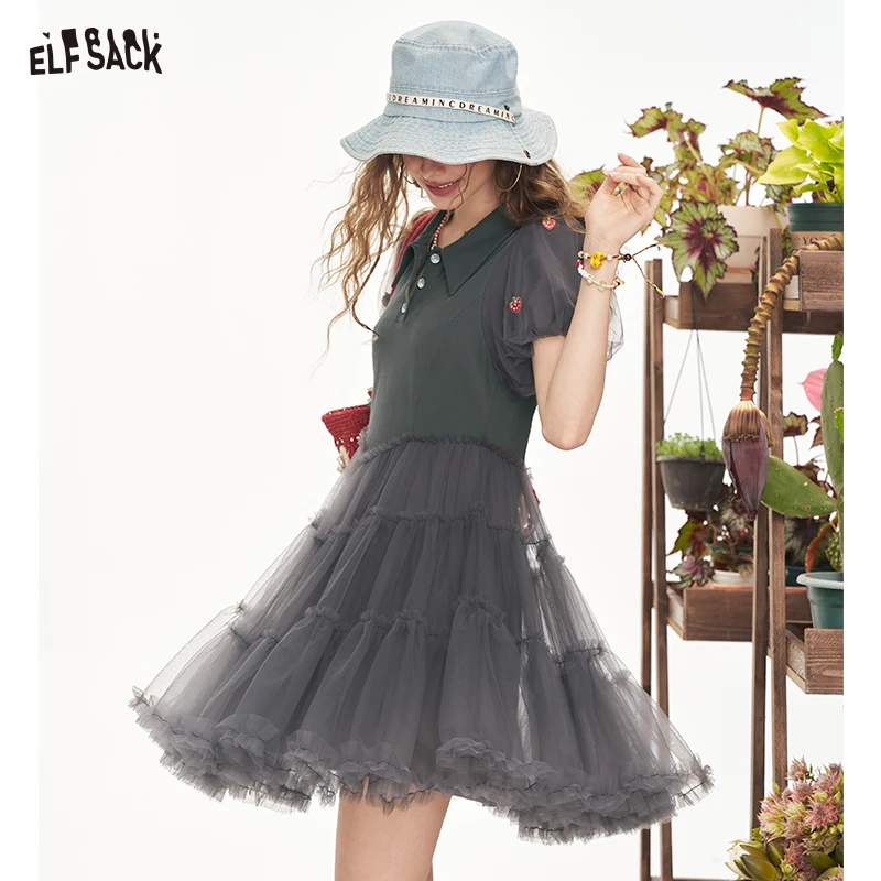 

ELFSACK 2025 Summer New Arrivals Bubble Sleeve Mesh Patchwork Chic Dress For Women