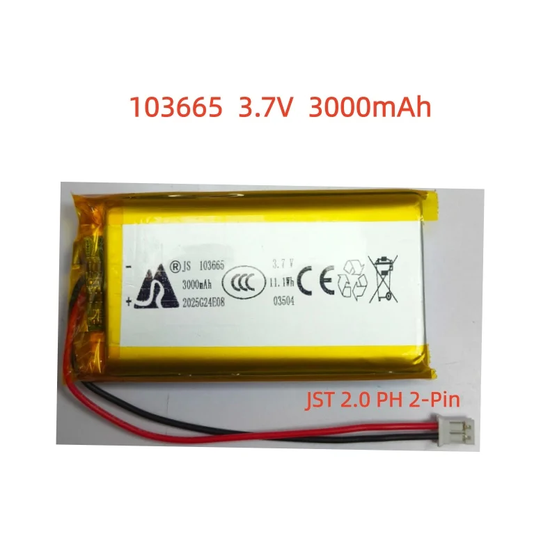 

1-10PCS JST 2.0 2Pin 3.7V 3000mAh 103665 Lithium Polymer LiPo Rechargeable Battery cells For MP3 Power bank Digital Products