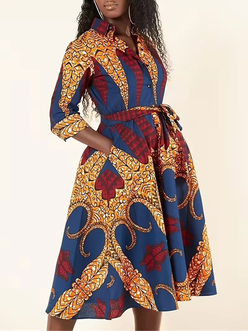 Sukienka damska w kwiatowy wzór, tradycyjna sukienka imprezowa zapinana na guziki z rękawem trzy czwarte.
