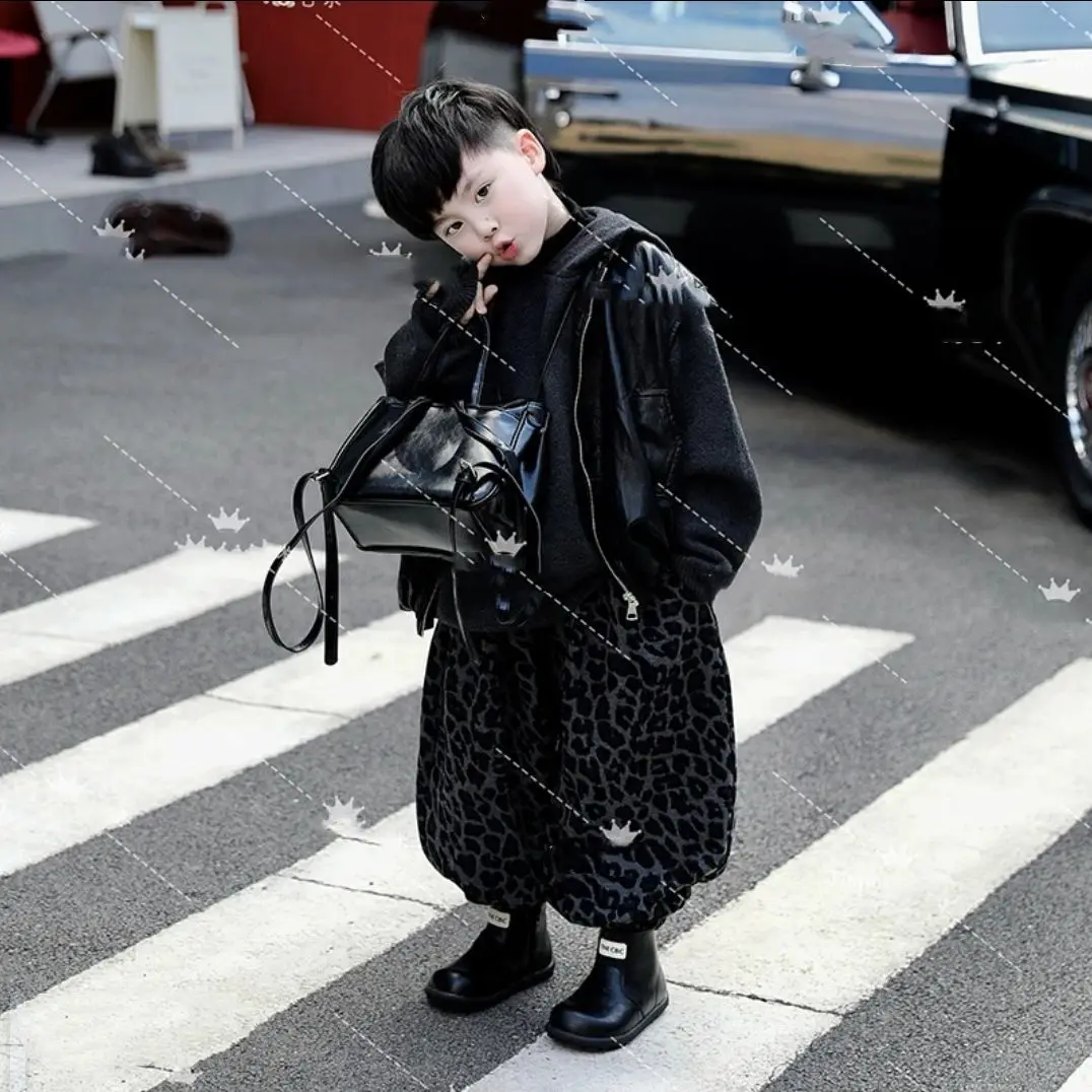 

3PCS set Autumn Spring Boy Black Leater Vest+Loose Leopard print Pants+Shirts Kid Children baby Gentleman Handsome Streetwear