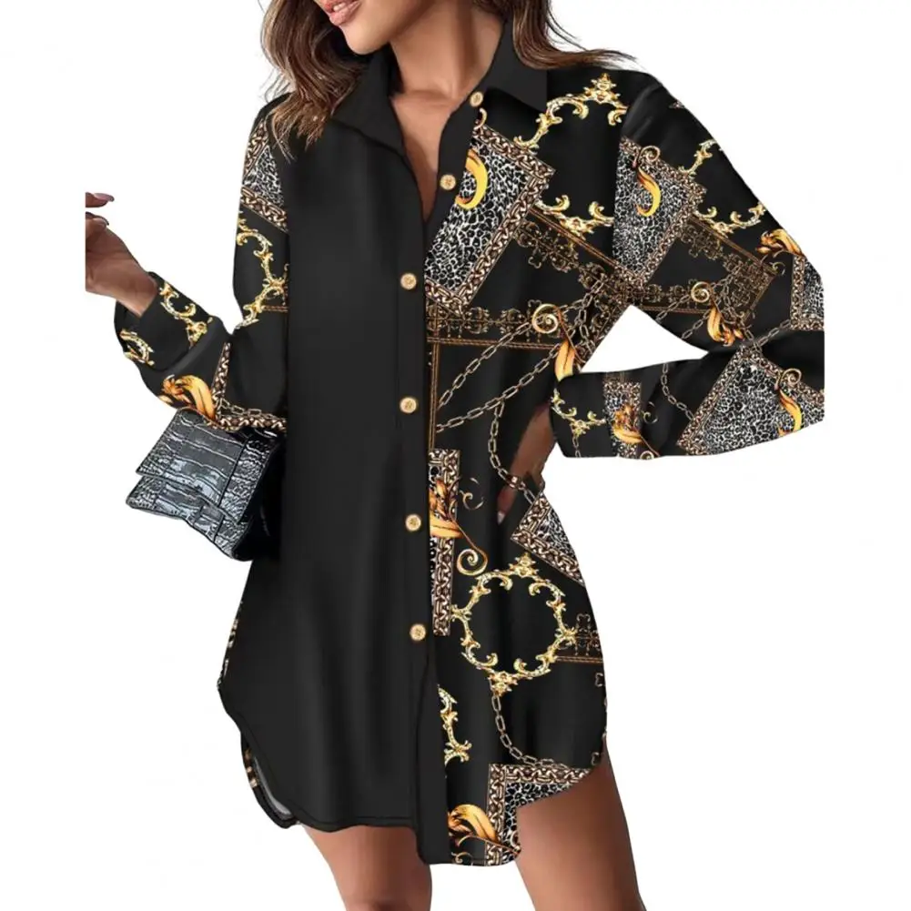 

Button-up Dress Stylish Asymmetric Hem Women's Dress with Printed Patchwork Design Turn-down Collar Soft Breathable for Ladies