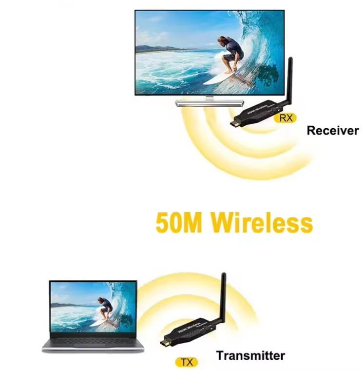 무선 HDMI 익스텐더 비디오 송신기 리시버, 1-4 디스플레이, 노트북 PC-TV 모니터 프로젝터 LCD 스크린, 50M 범위